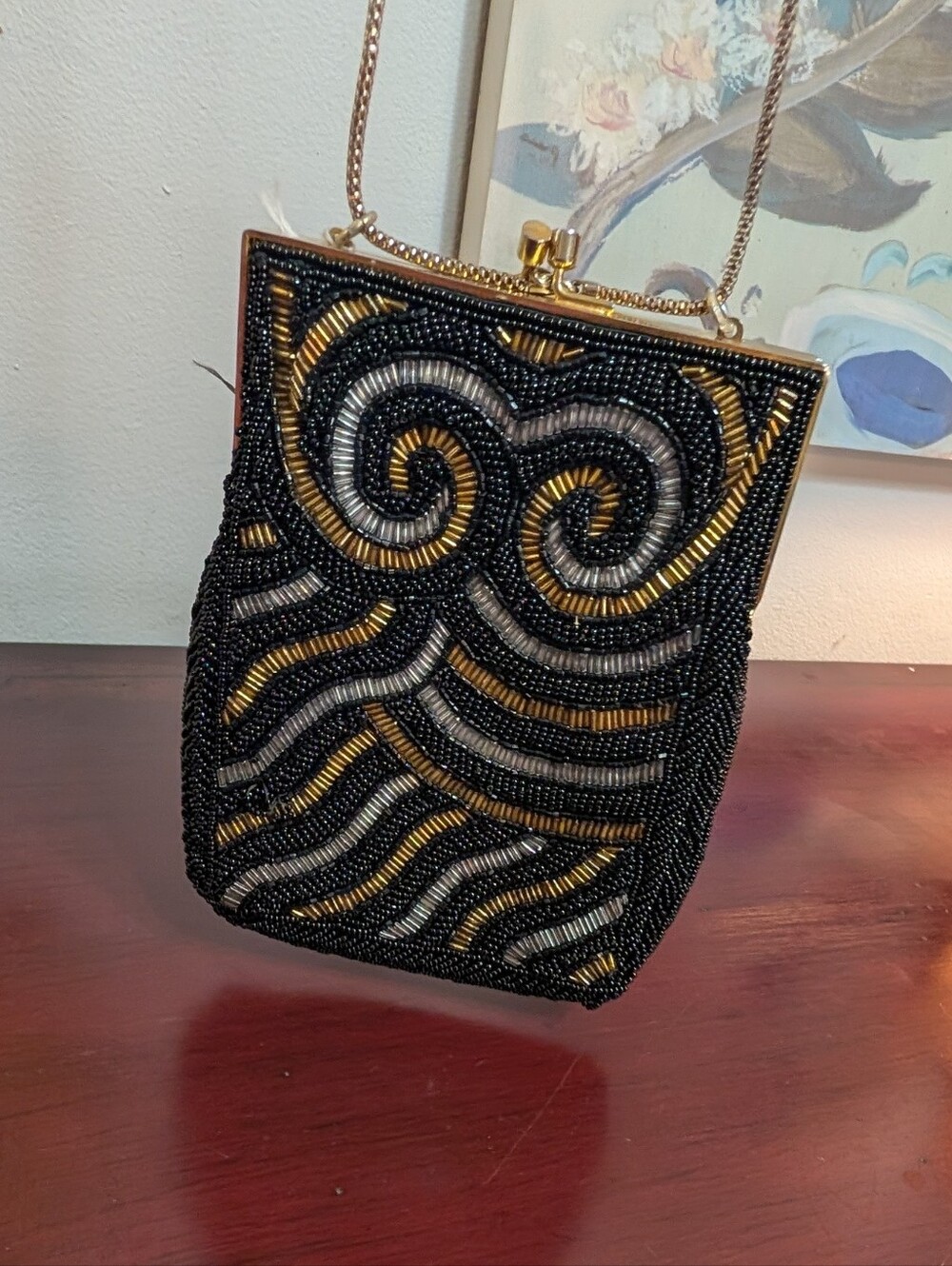 Vintage Mid Century Black Beaded Owl Purse Handbag Evening Bag Fancy Chain MCM